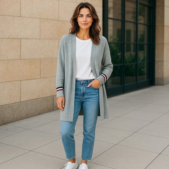 Tommy Hilfiger Gray Open-Front Knit Cardigan - Picture 1 of 6